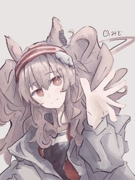 Rule 34 | 1girl, angelina (arknights), animal ears, arknights, artist name, black shirt, bright pupils, coat, commentary request, dot nose, dutch angle, earpiece, fan request, fox ears, fox girl, hairband, highres, jacket, kuramidomoyasi, light blush, light smile, long hair, long sleeves, looking at viewer, multicolored hairband, open clothes, open coat, open jacket, red eyes, red hairband, red jacket, shirt, simple background, solo, striped clothes, striped hairband, twintails, two-tone hairband, upper body, waving, white background, white coat, white pupils