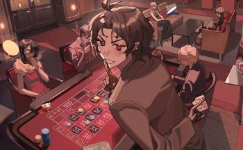 1other 3boys 3girls :d absurdres arm_behind_back beer_glass black_hair brown_eyes brown_hair card chair commentary_request couch cup curtained_hair dress drinking_glass finger_to_mouth formal_clothes fur_collar gambling glass_table glasses highres holding holding_card holding_tray indoors looking_at_viewer ma_someru multiple_boys multiple_girls open_mouth original out_of_frame people playing_card poker_chip pov red_carpet red_dress russian_commentary short_hair shushing sitting smile suit table tray wine_glass wooden_floor