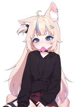 1girl 1other absurdres ahoge animal_ear_fluff animal_ear_piercing animal_ears black_hoodie blonde_hair blue_hair blush collar commentary condom condom_in_mouth dot_nose ear_piercing fish_girl fox_ears fox_girl goth_fashion hair_ornament highres hood hoodie indie_virtual_youtuber long_hair long_sleeves looking_at_viewer lucasyecla99 mouth_hold multicolored_hair piercing red_skirt sameko_saba simple_background sitting sitting_on_person skirt skull_hair_ornament spiked_collar spikes strap virtual_youtuber