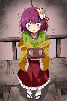 1girl absurdres blood blood_on_face bound bow commentary_request execution fence flower green_shirt guro hair_flower hair_ornament hanging hieda_no_akyuu highres open_mouth purple_eyes purple_hair red_bow red_skirt rope ryona scared shirt skirt socks standing tied_up_(nonsexual) touhou tsuukinkaisoku_oomiya white_socks wooden_fence wooden_floor