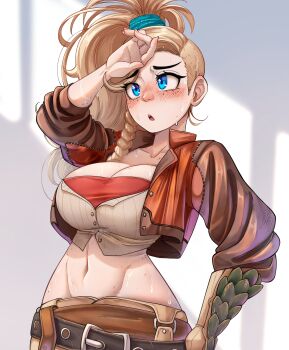 1girl absurdres asymmetrical_hair belt belt_buckle black_belt blonde_hair blue_eyes body_freckles braid breasts brown_jacket buckle collarbone commentary cowboy_shot crop_top cropped_jacket dilan_griz freckles gemma_(monster_hunter_wilds) hand_on_own_forehead hand_up highres jacket large_breasts long_hair midriff monster_hunter_(series) monster_hunter_wilds nose open_clothes open_jacket open_mouth single_braid solo sweat