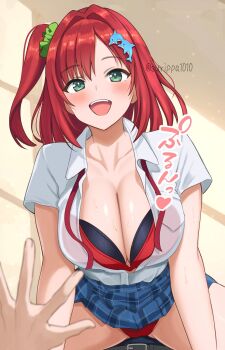 1boy 1girl :d bikini black_bikini breasts cleavage dolphin_wave girl_on_top highres large_breasts looking_at_viewer medium_hair open_mouth pov red_hair sakimiya_iruka shirt smile surippa1010 swimsuit white_shirt