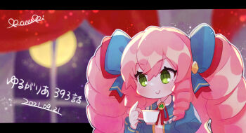1girl big_hair blue_dress blurry blurry_background blush bow catherine_(dragalia_lost) commentary_request dated dragalia_lost dress drill_hair green_eyes hair_between_eyes hair_bow index_finger_raised juliet_sleeves ko_nuki long_hair long_sleeves pink_hair puffy_sleeves signature smile solo upper_body very_long_hair