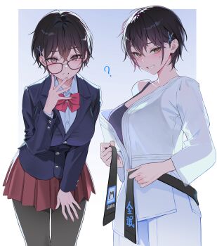 Rule 34 | 1girl, ?, absurdres, black hair, blue jacket, blush, bow, bowtie, brown eyes, collared shirt, commentary, dougi, glasses, gradient background, hair ornament, hairclip, highres, jacket, karate gi, leaning forward, long sleeves, looking at viewer, miniskirt, multiple views, myabit, original, parted lips, pleated skirt, red bow, red bowtie, red skirt, revision, school uniform, shirt, short hair, simple background, skirt, smile, white shirt