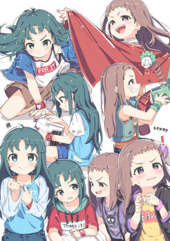 Rule 34 | !, 2girls, :d, ahoge, blue jacket, blue shirt, blue shorts, blue vest, blush, brown hair, brown shorts, cape, closed mouth, commentary request, dot nose, green hair, grin, hands up, idolmaster, idolmaster cinderella girls, jack-in-the-box, jacket, koseki reina, kuresuku (lessons), long hair, multiple girls, multiple views, nanjo hikaru, open clothes, open jacket, open mouth, pink eyes, red cape, shirt, shoes, short-sleeved jacket, short sleeves, shorts, simple background, sleeveless, sleeveless shirt, smile, sweatdrop, thick eyebrows, v-shaped eyebrows, vest, white background, white shirt, white shoes, wristband