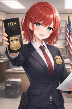 badge blue_eyes cabinet desk file_cabinet irs office paperwork red_hair united_states waifume-chan