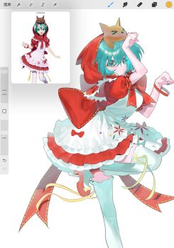 1girl apron aqua_hair art_program_in_frame back_bow blue_nails bow bow_legwear bracelet dress foot_out_of_frame frilled_apron frilled_dress frills green_eyes hands_up hashtag-only_commentary hatsune_miku hatsune_miku_(mikuzukin) highres hood hood_up jewelry kikishuiyin111 looking_at_viewer paw_pose procreate_(software) project_diva_(series) puffy_short_sleeves puffy_sleeves red_bow red_dress red_hood red_shoes reference_inset ribbon_trim shoes short_hair short_sleeves solo standing standing_on_one_leg stuffed_animal stuffed_toy stuffed_wolf thighhighs white_apron white_thighhighs yellow_bow