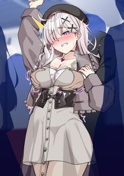 1girl absurdres ahoge asymmetrical_bangs black_choker black_corset blush bow_print breasts chikan choker cleavage corset dress embroidery embroidery eyes_visible_through_hair frilled_corset frilled_jacket frills grabbing_another's_breast groping hair_ornament hair_over_one_eye highres jacket large_breasts long_hair mole mole_under_eye molestation nijisanji nipple_rub nipple_stimulation open_mouth pendant_choker see-through_clothes see-through_dress sukoya_kana sukoya_kana_(5th_costume) ume_shiri_vvv virtual_youtuber x_(symbol) x_hair_ornament