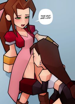 2girls aerith_gainsborough black_skirt breasts brown_hair cleavage crop_top cunnilingus dress english_text engrish engrish_text final_fantasy final_fantasy_vii green_eyes highres long_hair loodncrood low_poly medium_breasts multiple_girls oral pink_dress ponytail ranguage shirt skirt small_breasts speech_bubble tifa_lockhart white_shirt yuri