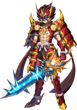 Rule 34 | 1boy, armor, armored boots, artist request, assault visor, blue visor, boots, brown gloves, brown hair, brown scarf, closed mouth, clothing cutout, duel masters, duel masters play's, fingerless gloves, glenmalt (duel masters), gloves, hair between eyes, holding, holding sword, holding weapon, muscular, muscular male, official art, red armor, scarf, shoulder armor, solo, stomach cutout, sword, vambraces, weapon