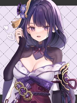 1girl absurdres armor armpit_crease blunt_bangs blush braid breasts bridal_gauntlets cleavage clothing_cutout commentary_request fan_hair_ornament flower flower_ornament genshin_impact hair_ornament highres japanese_clothes kimono large_breasts long_braid long_hair mitsudomoe_(shape) mkichi mole mole_under_eye neck_ribbon off_shoulder open_mouth purple_background purple_eyes purple_flower purple_hair purple_kimono purple_nails raiden_shogun red_ribbon red_sash ribbon sash shoulder_armor shoulder_cutout shy single_braid solo standing tomoe_(symbol) upper_body