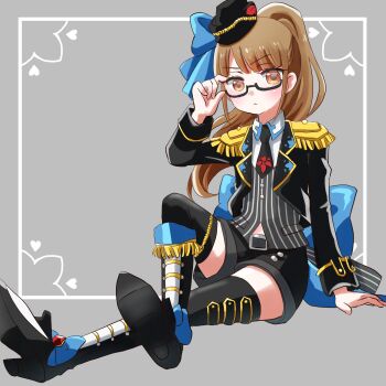 1girl adjusting_eyewear black-framed_eyewear blue_bow blunt_bangs bow brown_eyes brown_hair crossed_legs full_body glasses hair_bow hand_on_ground hat highres idol_clothes long_hair looking_at_viewer madori_(1ldkplanet) minami_mirei minami_mirei_(normal) mini_hat on_floor ponytail pretty_series pripara semi-rimless_eyewear solo under-rim_eyewear