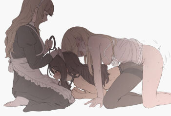 1futa 2girls ^_^ all_fours animal_ears apron black_collar black_hair black_legwear blonde_hair blunt_bangs blush breasts cat_ears closed_eyes clothed_sex collar doggystyle fake_animal_ears from_side futa_with_female futanari futanari-sama_(mdf_an) grey_background hand_on_another&#039;s_head hanging_breasts implied_futanari leash long_hair long_sleeves maid maid_apron maid_headdress mdf_an medium_breasts multiple_girls nipples open_mouth original pantyhose pet_play red_dress_girl_(mdf_an) sex sex_from_behind simple_background smile sweat topless_female white_background yuri