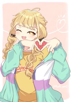 1girl ;d absurdres ahoge blonde_hair blush braid commentary_request four-finger_heart_hands fujita_kotone gakuen_idolmaster heart heart_hands highres idolmaster jacket long_hair long_sleeves multicolored_jacket noshang_(tekd8475) one_eye_closed open_clothes open_jacket open_mouth shirt smile solo twin_braids twitter_username upper_body yellow_eyes yellow_shirt