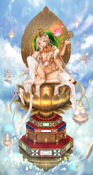 Rule 34 | 1girl, absurdres, anklet, apt, bare arms, bare legs, bare shoulders, barefoot, beads, blonde hair, blue sky, bodhisattva, bracelet, breasts, buddhism, cloud, commentary request, day, female focus, fingernails, floating, flower, gem, gold trim, guanyin, half-closed eyes, head rest, headgear, highres, holding, huge filesize, jewelry, knees apart feet together, large breasts, light smile, lips, long hair, looking at viewer, lotus, lotus pedestal, multiple hands, mythology, nail polish, navel, orb, original, prayer beads, red eyes, red nails, revealing clothes, ring, shawl, sitting, sky, solo, statue, toenails, very long hair, wheel of dharma