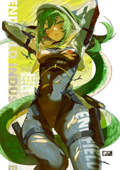 Rule 34 | 1girl, arknights, arknights: endfield, arms up, black bodysuit, bodysuit, character name, copyright name, endfield industries logo, fluorite (arknights), green eyes, green hair, green tail, hair through hood, hood, hood up, hooded shrug, impossible bodysuit, impossible clothes, lizard tail, long hair, looking at viewer, nipples, open mouth, shrug (clothing), snake girl, solo, tail, torn bodysuit, torn clothes, white shrug, yun-yang
