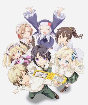 1boy 6+girls ;p apron aqua_eyes arms_up black_dress black_hair black_necktie blonde_hair blue_dress blue_eyes blue_headwear boku_wa_tomodachi_ga_sukunai breasts butterfly_hair_ornament cellphone cellphone_photo cleavage dress eyewear_on_head fang flat_chest flip_phone frilled_apron frills gradient_hair green_pants green_skirt hair_ornament hair_ribbon hairband hasegawa_kobato hasegawa_kodaka heterochromia high_ponytail highres holding holding_phone hugging_doll hugging_object kashiwazaki_sena kusunoki_yukimura lab_coat large_breasts lolita_hairband long_hair long_sleeves looking_at_viewer looking_back maid maid_apron maid_headdress mikazuki_yozora multicolored_hair multiple_girls necktie nun official_art one_eye_closed pants phone plaid_clothes plaid_skirt pleated_skirt ponytail purple_eyes red_eyes red_ribbon ribbon school_uniform shiguma_rika short_hair simple_background skirt small_breasts smile st._chronica_academy_school_uniform stuffed_animal stuffed_rabbit stuffed_toy takayama_maria taking_picture tongue tongue_out watanabe_yoshihiro white_apron white_background yellow_ribbon