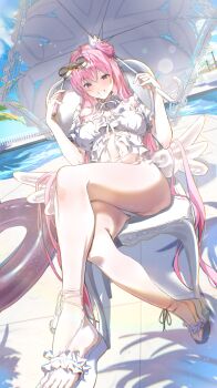 1girl absurdres bikini bikini_bottom_only binoculars blue_sky blush breasts chair choker chromatic_aberration commentary crossed_legs dorothy_(nikke) dorothy_(serendipity)_(nikke) fake_wings foreshortening frilled_choker frills front_slit full_body goddess_of_victory:_nikke grin hair_bun highres holding holding_opera_glasses holding_umbrella inflatable_wings kuu_(user_gngs5284) large_breasts legs long_hair looking_at_viewer lounge_chair lying navel official_alternate_costume on_stomach opera_glasses parasol pink_hair poolside purple_eyes sandals side_up_bun sky smile solo swimsuit umbrella very_long_hair white_bikini white_choker white_sandals wings