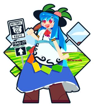 1girl :d black_hat blue_hair blue_skirt boots bow bowtie commentary corn_dog english_commentary food frilled_skirt frills full_body hat hat_ornament hinanawi_tenshi holding holding_food kerocolaa leaf_hat_ornament long_hair open_mouth peach_hat_ornament rainbow_gradient red_bow red_bowtie red_eyes road_sign route_66 shirt sign skirt smile standing touhou transparent_background twitter_username white_shirt