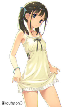 1girl :o bare_arms bare_shoulders black_hair blue_bow blue_eyes blush bow breasts commentary_request cowboy_shot dress frilled_dress frills hair_bow head_tilt koutaro long_hair original parted_lips simple_background skirt_hold sleeveless sleeveless_dress small_breasts solo tan tanline twintails twitter_username white_background white_dress