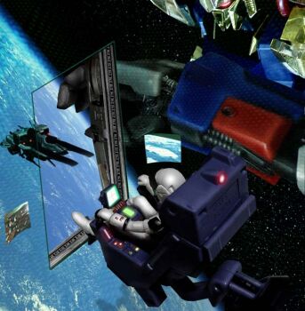 1boy 3d aeug argama commentary_request gundam hiropon_(tasogare_no_puu) hyaku_shiki in_orbit kamille_bidan machinery mecha mecha_focus mecha_pilot_suit mobile_suit normal_suit_(gundam) photo_background pilot pilot_chair realistic robot science_fiction screen space spacecraft spacesuit zero_gravity zeta_gundam zeta_gundam_(mobile_suit)