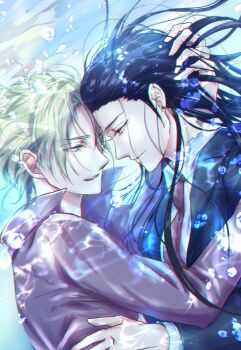 2boys air_bubble bindi black_hair blonde_hair blue_eyes bubble collar earrings eyebrows eyelashes eyes_visible_through_hair face-to-face final_fantasy final_fantasy_vii final_fantasy_vii_remake floating_hair formal_clothes hand_on_another's_head highres jewelry long_hair looking_at_another male_focus multiple_boys necktie parted_lips ponco_pacoooon popped_collar profile rufus_shinra shirt short_hair smile square_enix suit tseng turks_(ff7) underwater water wing_collar yaoi