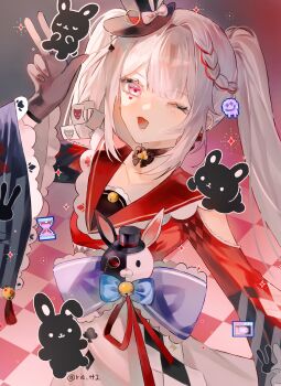 Rule 34 | 1girl, ;d, artist name, black gloves, black hat, braid, clothing cutout, commentary request, diamond (shape), diamond facial mark, facial mark, gloves, hat, heart, heart facial mark, highres, honkai: star rail, honkai (series), long hair, mini hat, mini top hat, one eye closed, open mouth, red eyes, red shirt, ria (ria tt2), shirt, shoulder cutout, skirt, smile, solo, sparkle (honkai: star rail), sparxie (honkai: star rail), top hat, twintails, white hair, white skirt