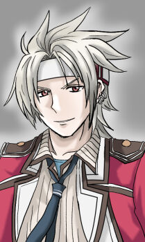 1boy collared_shirt crow_armbrust ear_piercing eiyuu_densetsu headband looking_at_viewer mullet necktie piercing portrait school_uniform sen_no_kiseki_(series) sen_no_kiseki_i shirt simple_background surasho_oekaki thors_military_academy_class_vii_uniform thors_military_academy_school_uniform white_hair white_headband