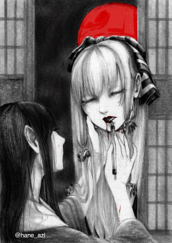 Rule 34 | 2girls, applying another's makeup, applying makeup, blood, blood drip, bow, closed eyes, commentary request, fujiwara no mokou, greyscale, hair bow, hane (azelye), holding, holding detached head, houraisan kaguya, indoors, long hair, looking at another, monochrome, multiple girls, open mouth, severed head, shouji, sliding doors, spot color, touhou, twitter username, upper body