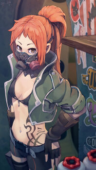 1girl artist_name bikini bikini_top_only breasts brown_eyes coat code_vein commentary_request female_focus fingerless_gloves full-body_tattoo gas_mask gloves green_coat highres j.h_j.h looking_at_viewer mask midriff mouth_mask navel_piercing orange_hair piercing ponytail respirator rin_murasame shorts small_breasts solo swimsuit tattoo