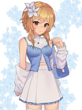 1girl bag bare_shoulders blonde_hair brown_eyes commentary flower frilled_skirt frills genshin_impact hair_between_eyes hair_flower hair_ornament highres jacket jewelry long_sleeves looking_at_viewer lumine_(genshin_impact) necklace off_shoulder short_hair skirt smile solo thighhighs vickie_(cryingrobot) white_jacket white_skirt white_thighhighs zettai_ryouiki