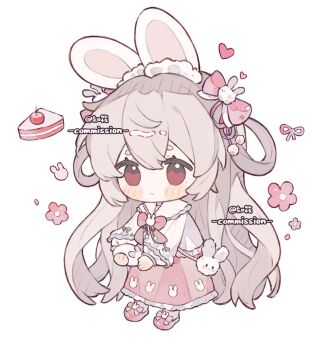 1girl animal_ears blush_stickers bow bowtie brown_hair cake cake_slice cherry chibi chibi_only closed_mouth commission double-parted_bangs food frilled_skirt frills fruit full_body hair_between_eyes highres long_hair long_skirt long_sleeves original pink_shoes pink_skirt rabbit_ears rabbit_girl red_bow red_bowtie red_eyes shirt shoes simple_background skirt solo standing thick_eyebrows very_long_hair watermark white_background white_shirt zhixiao