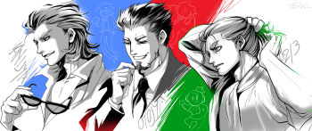 Rule 34 | 2bro., 3boys, anija (2bro.), beard, character name, chibi, commentary request, facial hair, formal clothes, glasses, greyscale, highres, holding, holding removed eyewear, jacket, male focus, monochrome, multiple boys, necktie, otoja (2bro.), otsuichi (2bro.), signature, smile, spot color, suit, toshimichi yukari, tying hair, unworn eyewear