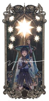 Rule 34 | 1boy, animal print, aqua kimono, arm up, armor, belt, bird print, black belt, black bodysuit, black bow, black bridal gauntlets, black hair, black shorts, blue cape, blue hat, blunt ends, bodysuit, bow, bridal gauntlets, bright pupils, cape, commentary, covered collarbone, english commentary, feathers, furisode, genshin impact, gold, gold ring, hakama, hakama shorts, hand on own chest, hat, highres, japanese armor, japanese clothes, jingasa, juban, kimono, kneeling, kote, kurokote, looking at object, male focus, mandarin collar, masuo1992, middle ring, open clothes, open hand, open kimono, open mouth, picture frame, pillar, pleated shorts, pom pom (clothes), purple eyes, purple rope, purple sash, rope, sash, scaramouche (genshin impact), shorts, shoulder peek, side cape, solo, star (symbol), tassel, teeth, tsurime, wanderer (genshin impact), white kimono, white pupils, white trim, wispy bangs, yellow feathers