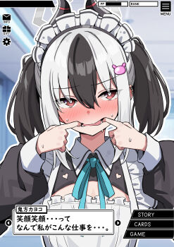 1girl absurdres alternate_costume amenocchi apron black_hair black_horns blue_archive blue_bow bow collared_shrug demon_horns dialogue_box enmaided fake_screenshot finger_in_own_mouth frilled_apron frills gameplay_mechanics hair_between_eyes halo highres horns kayoko_(blue_archive) long_hair looking_at_viewer maid maid_apron maid_headdress making_faces mouth_pull multicolored_hair red_eyes shrug_(clothing) solo tongue translation_request two-tone_hair user_interface white_apron white_hair