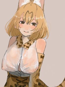 1girl animal_ears animal_print black_hair blonde_hair blush bow bowtie breasts center_opening covered_erect_nipples elbow_gloves extra_ears gloves hanging_breasts high-waist_skirt highres kemono_friends large_breasts looking_at_viewer no_bra oh_y0u orange_bow orange_bowtie print_bow print_bowtie print_gloves serval_(kemono_friends) shirt short_hair skirt sleeveless sleeveless_shirt smile solo striped_tail tail two-tone_bow two-tone_bowtie white_bow white_bowtie