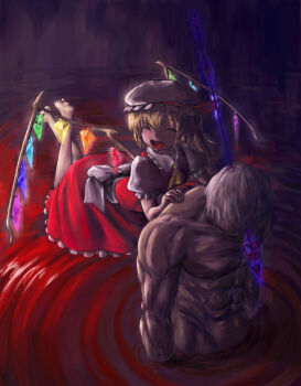 1boy 1girl ^_^ barefoot blood death closed_eyes faceless faceless_male fang feet flandre_scarlet highres kath laevatein mannosuke morichika_rinnosuke muscular nude side_ponytail smile touhou vampire wings