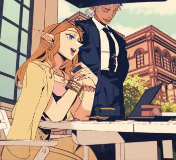 2girls arms_behind_back blonde_hair blue_eyes cake cake_slice chair closed_eyes computer condenser_unit contemporary cup dark-skinned_female dark_skin earrings food formal_clothes from_below impa jacket jacket_on_shoulders jewelry laptop long_hair multiple_girls nail_polish necklace necktie nintendo open_mouth pink_nails plate pointy_ears princess_zelda sansan3z0f sitting smile standing suit table teacup the_legend_of_zelda the_legend_of_zelda:_ocarina_of_time umbrella white_hair