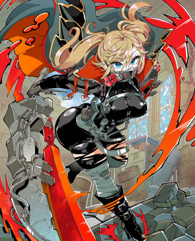 1girl ass bandaged_leg bandages barrel blue_eyes breasts brown_hair coat code_vein crack debris female_focus gloves grey_gloves holding holding_sword holding_weapon jacket jacket_on_shoulders kafun long_hair mask pouch rubble solo stained_glass sword tight_clothes torn_clothes twintails weapon window