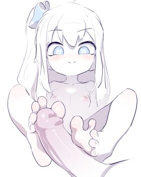 1boy 1girl barefoot blue_eyes blush breasts colored_skin feet footjob glansjob hair_between_eyes hetero highres loli long_hair looking_at_penis madobe_ichika microsoft_windows os-tan penis rodecchi side_ponytail simple_background small_breasts tagme toenails toes two-footed_footjob uncensored white_background white_hair white_skin windows_11