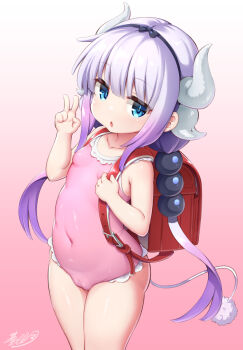 1girl bag beads blue_eyes cameltoe dragon_girl dragon_horns female_focus hair_beads hair_ornament hairband highres horns kanna_kamui kobayashi-san_chi_no_maidragon light_purple_hair loli low_twintails musouzuki one-piece_swimsuit pink_one-piece_swimsuit school_bag solo sphere_hair_ornament standing swimsuit tail twintails v