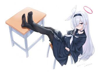 1girl absurdres artist_name black_choker black_coat black_hairband black_pantyhose black_sailor_collar black_serafuku black_shirt black_skirt blue_archive blush bow braid bright_pupils chair chinese_commentary choker closed_mouth coat colored_inner_hair commentary_request crossed_ankles crossed_arms dated desk feet feet_on_table full_body grey_eyes grey_hair hair_bow hair_ornament hair_over_one_eye hairband halo highres legs legs_together long_sleeves looking_at_viewer looking_to_the_side multicolored_hair neckerchief no_shoes off_shoulder on_chair open_clothes open_coat pantyhose pink_hair pink_halo plana_(blue_archive) red_pupils sailor_collar school_chair school_desk school_uniform serafuku shangdi_de_fa_zhang shirt side_braid simple_background single_braid sitting skirt smile soles solo two-tone_hair white_background white_bow white_neckerchief