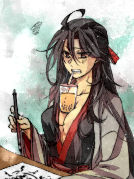 1girl ahoge between_breasts black_eyes black_hair black_hanfu breasts bubble_tea bubble_tea_challenge calligraphy_brush chinese_clothes chinese_commentary cleavage clenched_teeth coat collarbone cup drawstring drinking_straw genderswap genderswap_(mtf) grey_coat hair_between_eyes hair_down hair_ribbon half_updo hanfu holding holding_calligraphy_brush holding_paintbrush kanwan large_breasts long_hair long_sleeves looking_down modao_zushi mouth_hold object_on_breast official_alternate_costume official_alternate_hairstyle open_clothes open_coat paintbrush paper red_eyes red_ribbon red_sash ribbon robe sash sitting solo squiggle table teeth teeth_hold upper_body very_long_hair wei_wuxian wei_wuxian_(yiling_laozu) wide_sleeves writing