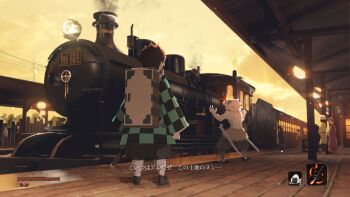 2boys 2others 4girls black_pants boar_mask brown_hair checkered_haori earrings food haori hashibira_inosuke japanese_clothes jewelry kamado_tanjirou katana kimetsu_no_yaiba locomotive multiple_boys multiple_girls multiple_others onigiri pants samidare_(hoshi) sekiro:_shadows_die_twice smoke steam_locomotive subtitled sweat sword topless_male train train_station translation_request user_interface weapon wooden_box