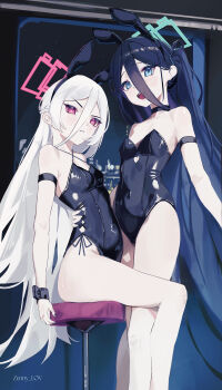 2girls absurdly_long_hair absurdres animal_ear_hairband animal_ears aqua_halo aris_(blue_archive) black_choker black_hair black_leotard black_wrist_cuffs blue_archive choker covered_navel criss-cross_halter double-parted_bangs fake_animal_ears hair_between_eyes hairband half_updo halo halterneck hand_on_another's_waist highleg highleg_leotard highres kei_(blue_archive) kei_(student)_(blue_archive) leotard long_hair long_hair_between_eyes looking_at_viewer multiple_girls one_side_up pink_eyes pink_halo playboy_bunny rabbit_ear_hairband rabbit_ears rectangular_halo ringed_eyes siblings sisters sitting smile strapless strapless_leotard very_long_hair white_hair wrist_cuffs zennyxd