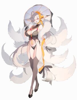 1girl absurdres ahoge animal_ears black_garter_straps black_gloves black_panties black_ribbon black_shoes breasts check_copyright cleavage commentary copyright_request fox_ears fox_girl fox_tail full_body garter_straps gloves grey_eyes grey_hair hair_over_one_eye hair_ribbon hand_up high_heels highres large_breasts long_hair looking_at_viewer multiple_tails navel open_mouth original panties ribbon shoes solo standing stomach tail tassel underwear untranslatable_commentary very_long_hair zerocat