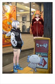 Rule 34 | ahoge, amane kanata, blonde hair, bow, breasts, commentary request, diagonal-striped bow, dragon girl, dragon horns, halo, highres, hololive, horn bow, horn ornament, horns, kiryu coco, kurabi (neijitsu biyori), large breasts, long hair, multicolored hair, open mouth, orange hair, pointy ears, smile, star halo, streaked hair, striped bow, tail, virtual youtuber, yuri