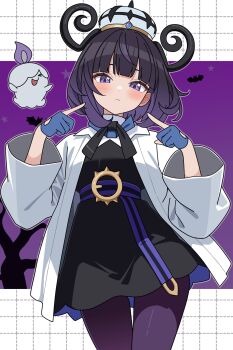 1girl black_dress black_hair blue_gloves blunt_bangs bob_cut closed_eyes closed_mouth coat dress fire gen_5_pokemon gloves gradient_hair gwynn_(pokemon) hat highres litwick long_sleeves looking_at_viewer mega_stone multicolored_hair nintendo odorukaminoke open_clothes open_coat open_mouth pantyhose partially_fingerless_gloves pokemon pokemon_(creature) pokemon_legends:_z-a purple_eyes purple_fire purple_hair short_hair smile white_coat