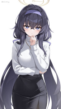 1girl alternate_costume bags_under_eyes black_hair black_skirt blue_archive blue_eyes blue_hairband breasts brown_halo closed_mouth commentary_request cowboy_shot crossed_bangs frown gold_necklace hairband halo hand_on_own_chin highres jewelry long_hair long_sleeves looking_at_viewer low_twintails medium_breasts messy_hair necklace office_lady pencil_skirt ribbed_sweater simple_background skirt solo stroking_own_chin sweater turtleneck turtleneck_sweater twintails twitter_username ui_(blue_archive) umou_(may65879) very_long_hair white_background white_sweater