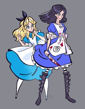 Rule 34 | 2girls, alice: madness returns, alice (disney), alice in wonderland (disney), alice liddell (american mcgee's alice), american mcgee's alice, apron, artist name, black hair, blonde hair, blood, blood on clothes, blood on face, bloody knife, blue dress, blue eyes, commentary, dress, dual persona, english commentary, full body, goodcherrydude, green eyes, highres, knife, long hair, multiple girls, sidelocks, v-shaped eyebrows, white apron